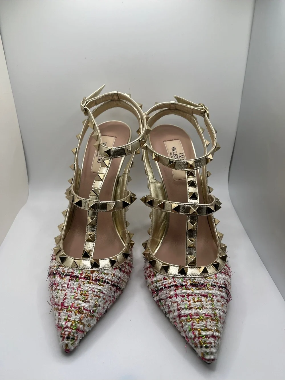 Valentino Garavani Gold Tweed Rockstud Pointed-Ankle Pumps